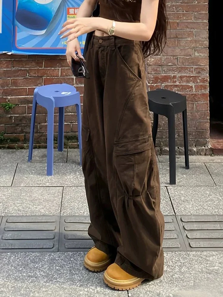 

Широкие брюки с высокой талией, женские американские ретро кофейного цвета, рабочая одежда, джинсы с изогнутым ножом, прямые брюки, повседневные свободные