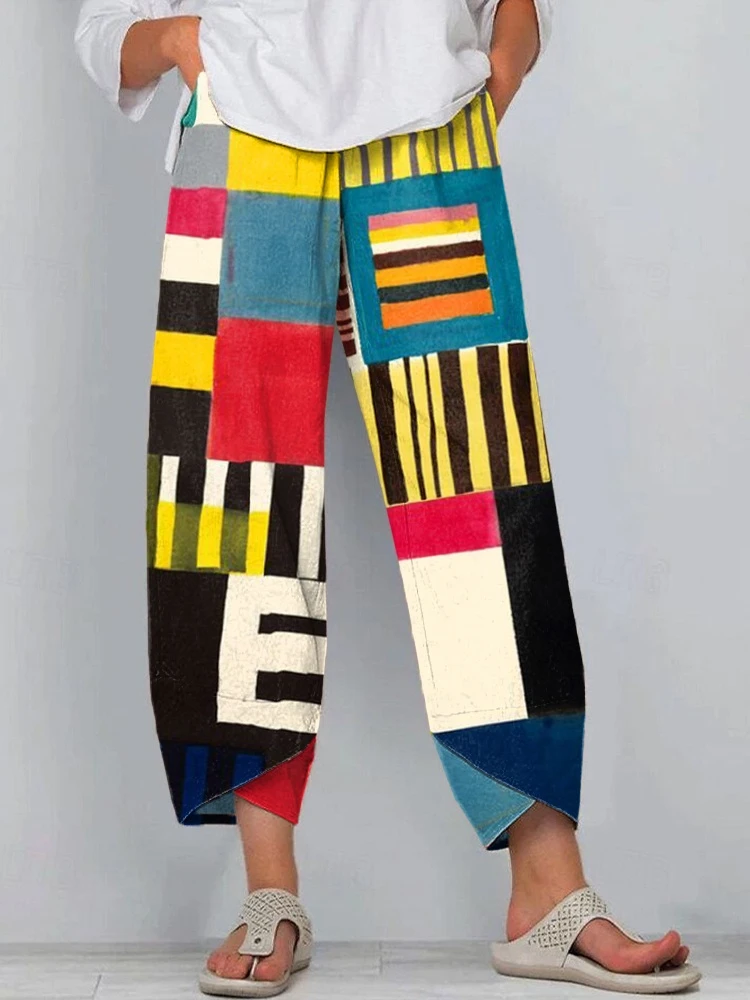 Women's Plaid Patchwork Casual Pants Relaxed-Fit Cropped Trousers For Everyday Wear Drawstring Design Outdoor Straight-Leg Pants