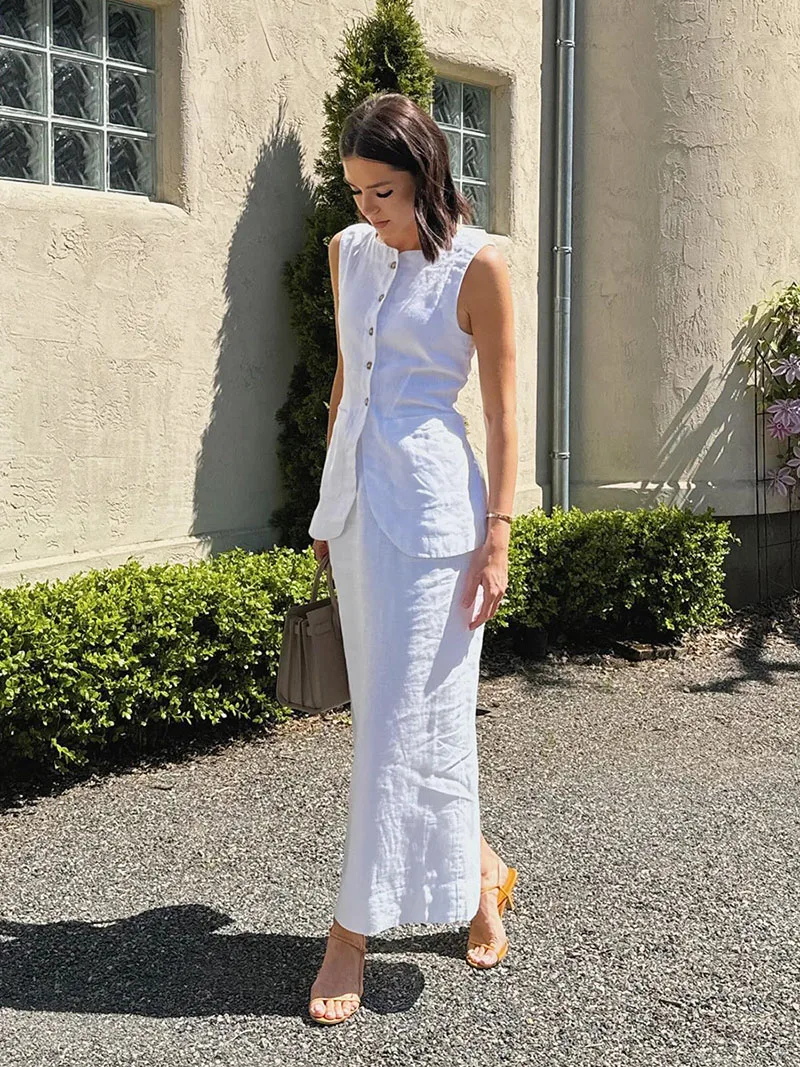 DGLUKE エレガントなツーピースセット レディース ボタンアップベストトップとロングスカートセット コットンリネン サマーコーデセット