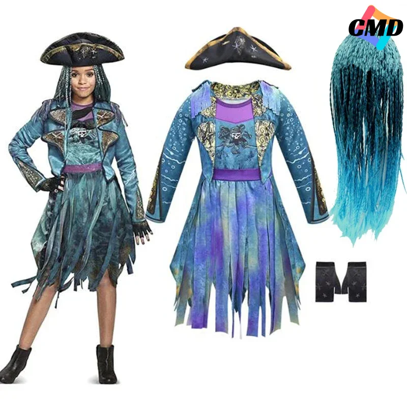 Cos Descendants 3 Mal Bertha Maleficent Curls Live Evil Straight Blue Girls Cosplay Cap Dress Halloween Costume For Kids Wi