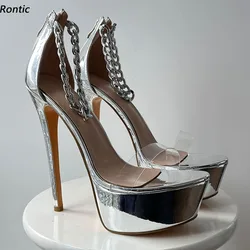 Rontic New Arrival Women Platform Sandals Sexy Chain Stiletto Heels Open Toe Pretty Silver DRESS Shoes US Plus Size 5-20