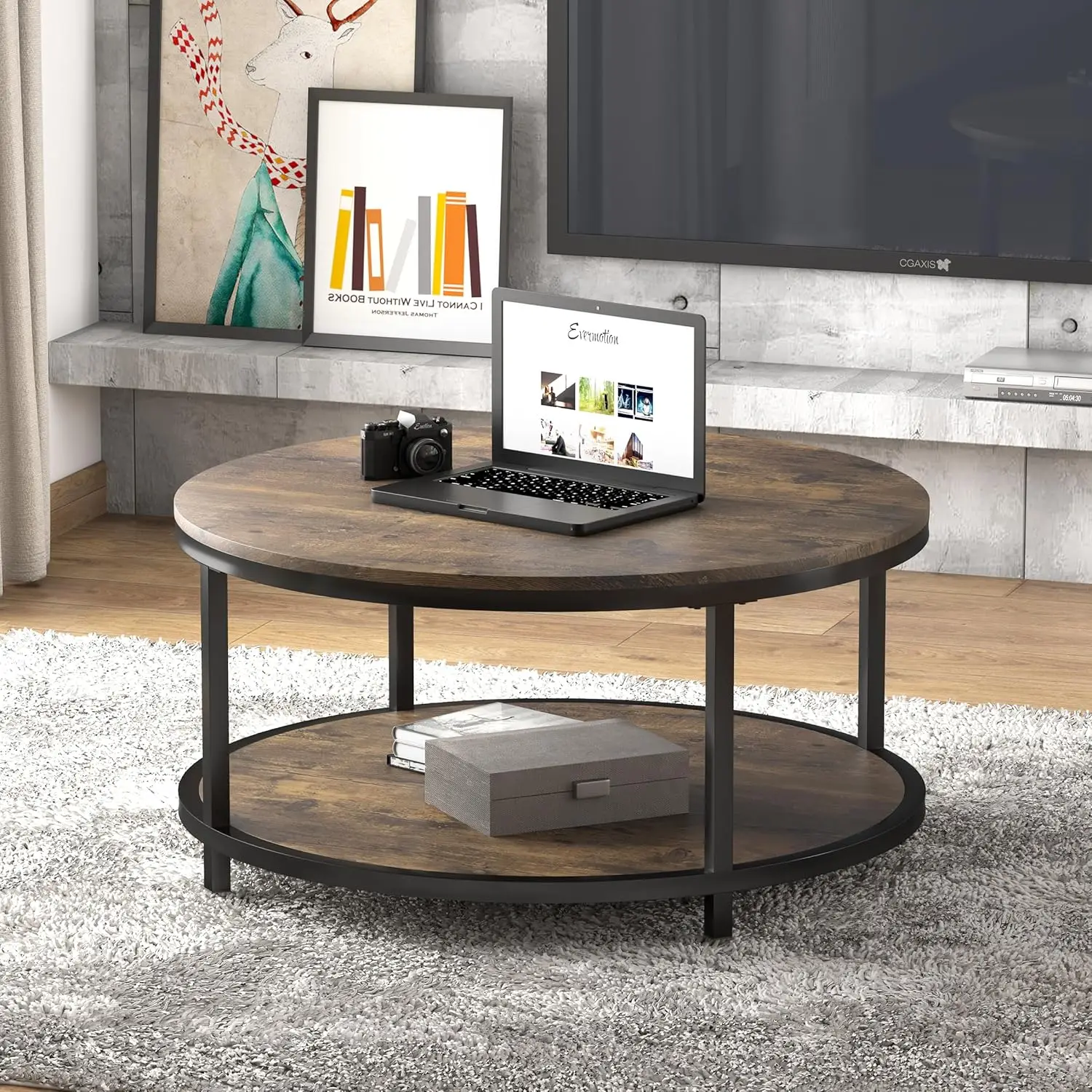 Mesa de centro redonda de 36 pulgadas, mesa de sofá industrial para sala de estar con patas de metal resistente, diseño moderno con almacenamiento (marrón)