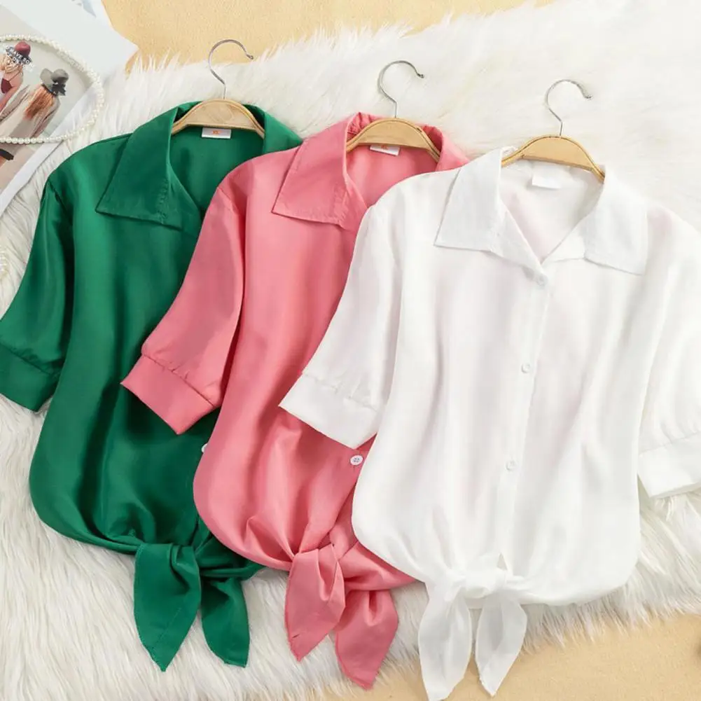 Women Shirt Summer Short Sleeve Casual Shirt Lapel Solid Color Breathable Women Chiffon Blouse Office Ropa Mujer Blusas Feminino