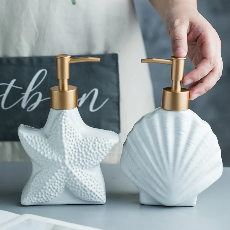 Shell-Shaped Soap Dispenser White Ceramic Lotion Bottle with Golden Matte Pump Home Décor for Bathroom Kitchen