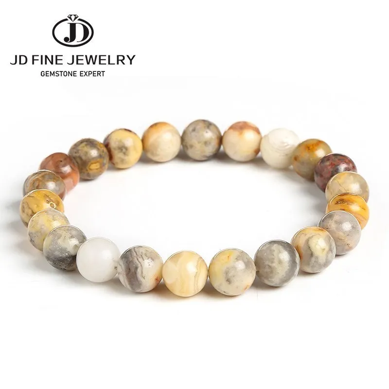 JD 8mm Natural Stone Yellow Crazy Lace Agates Round Beads Bracelet  Nice Gift For Women Men High Quality Elastic Bracelet