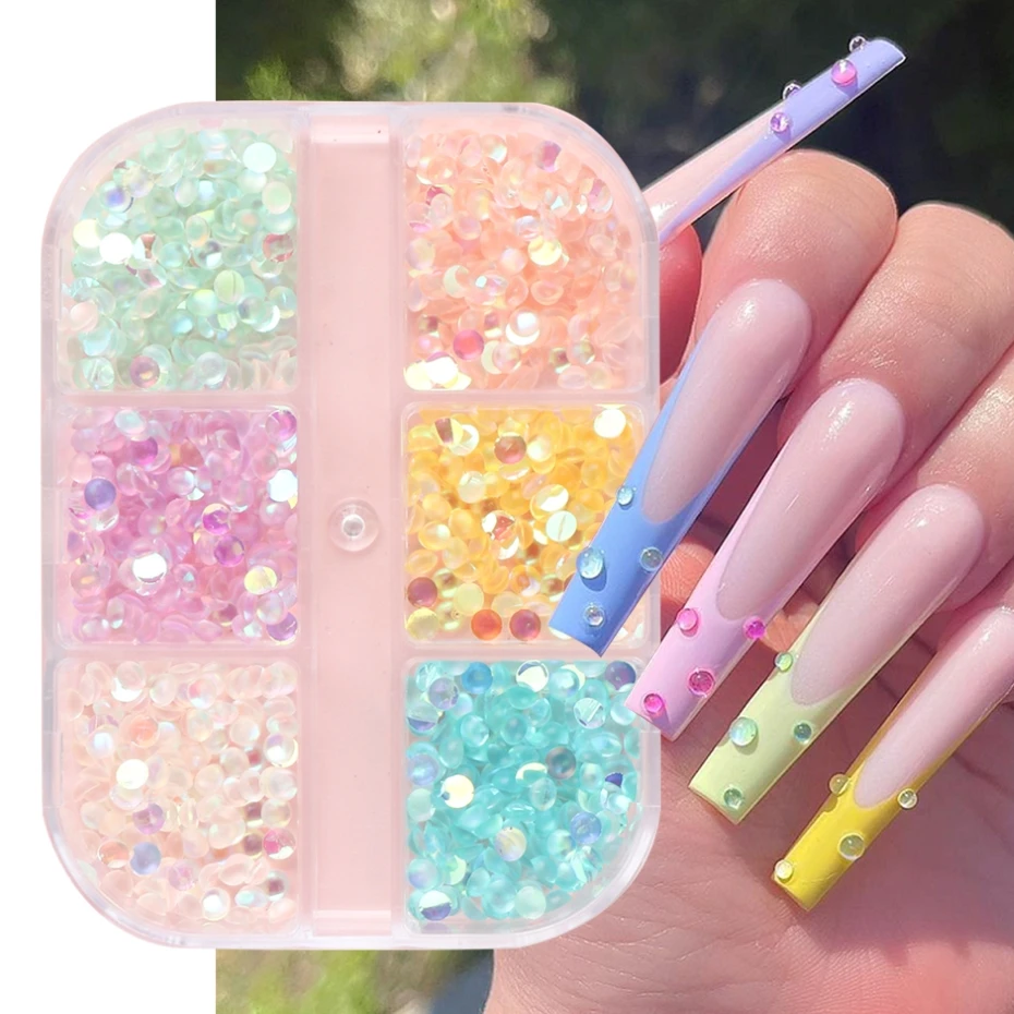 6 Grids Mermaid Rhinestone Mixed Color Nail Decoration Acrylic Nails Flatback Crystal Round Beads Aurora Charm Accessories Parts