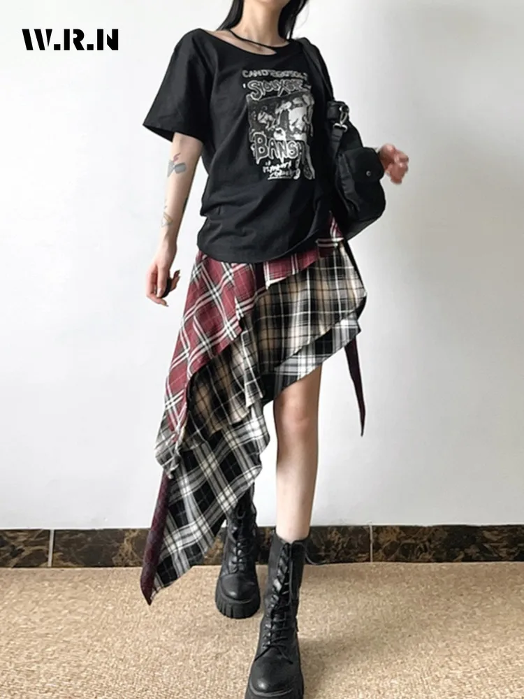 2024 Summer Hotsweet Style Plaid Print Y2k Aasymmetrical Skirts Women\'s Vintage High Waist Slim Fit Casual Sweet Mini Skirt