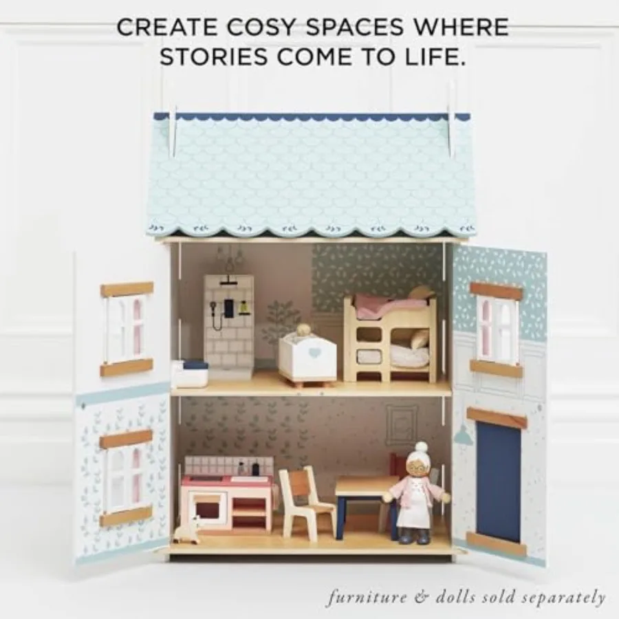 Casa de boneca de madeira |   Conjunto de brincar para casa de bonecas de madeira de 3 andares para meninas e meninos – adequado para maiores de 3 anos