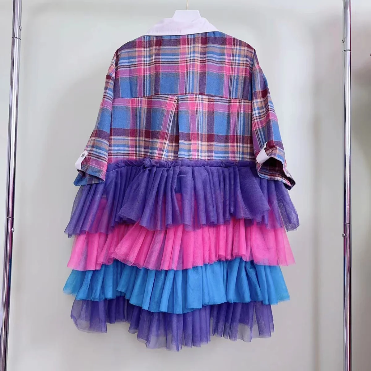 高級ラインストーンチェック柄プリントメッシュフリルシャツドレスコントラストカラーガーゼ多層シャーリングブラウスドレス半袖Tシャツ