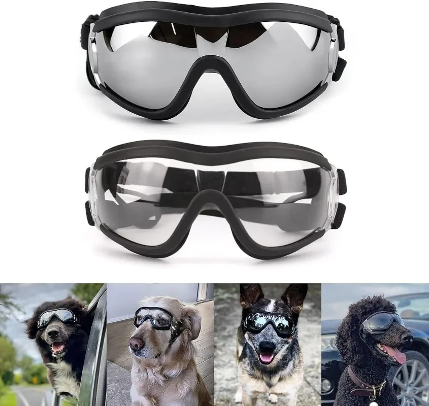 

Dog Goggles Large Breed Black and Clear Lens Dog Sunglasses Medium Dogs UV Protection Adjustable Dog Glasses