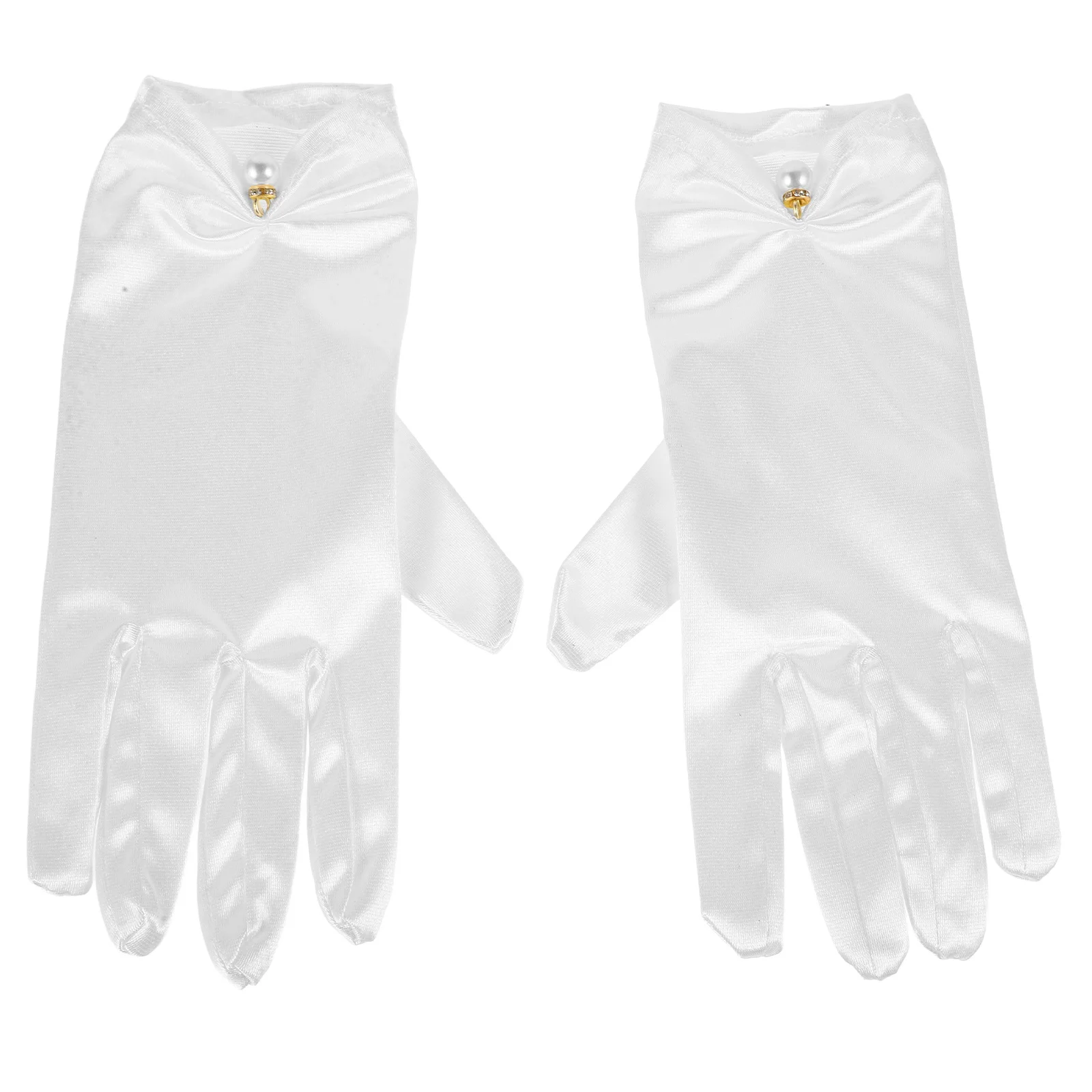 1 زوج قفازات الزفاف الدانتيل الأبيض قصيرة الساتان طول المعصم أنيقة القوس تصميم الزفاف التصوير الفوتوغرافي اللؤلؤ الديكور #1