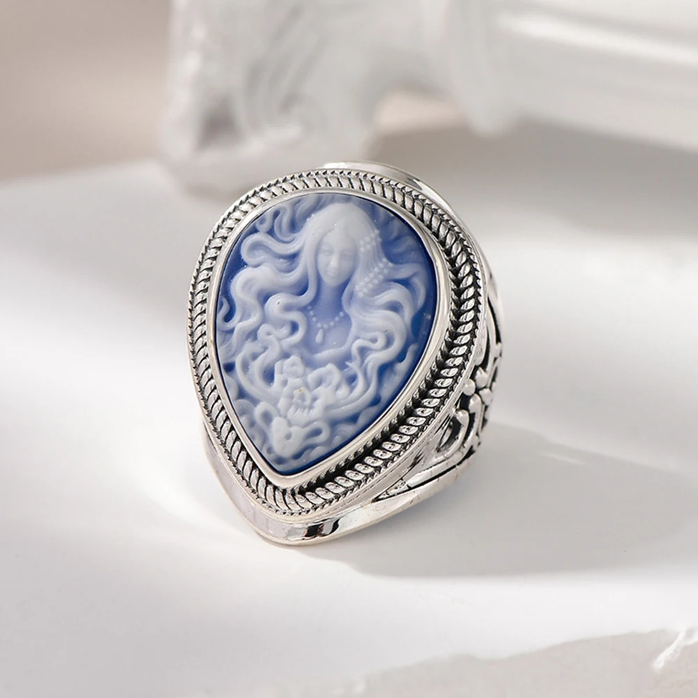 TZgrams Genuine 925 Silver Natural Blue Onyx Medusa Ring White Shell Cameo Water Drop Goddess Big Rings for Women Fine Jewelry