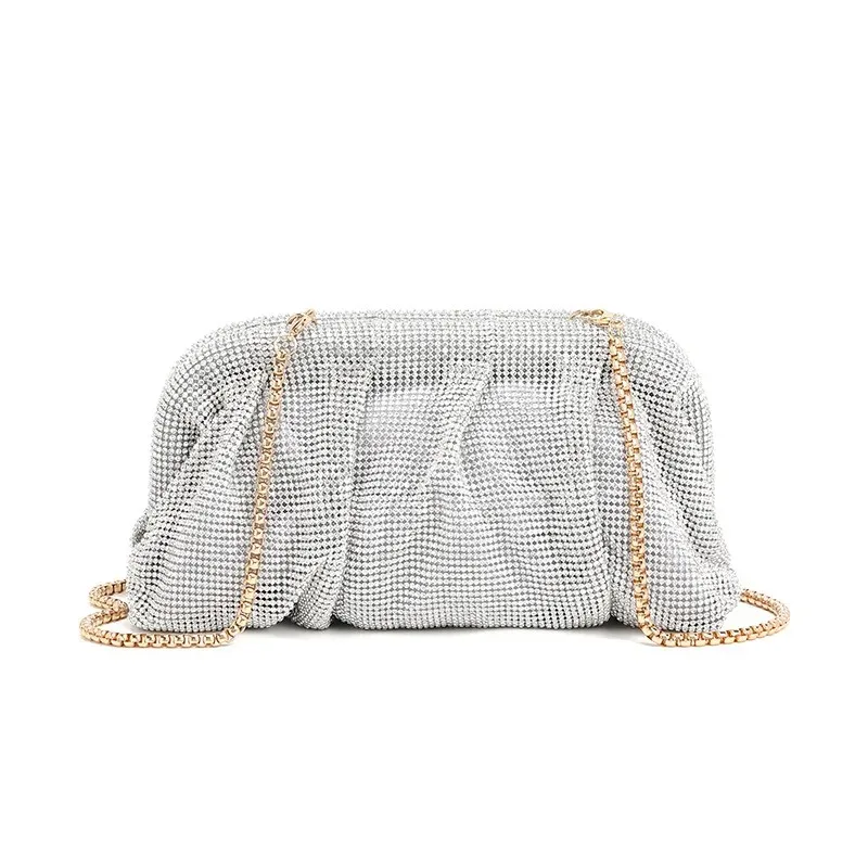 

Clutch Evening Bag Female Luxury Shinny Ruched Rhinestone Chain Shoulder Bag Fashion Elegant Glam Party Wedding Crossbody Bag