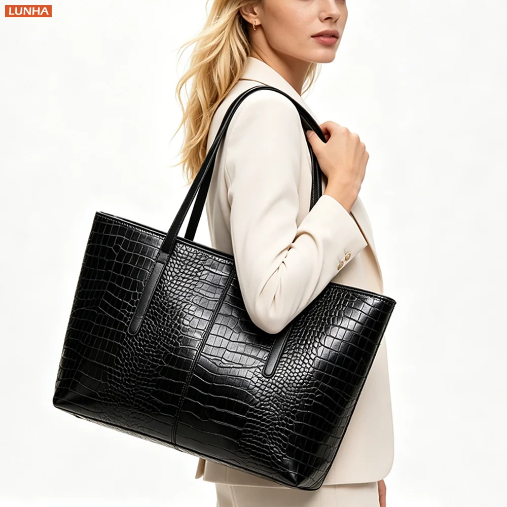 

Crocodile Embossed PU Leather Tote Bag Large Capacity Multi Compartment Commute Shoulder Shopper for Women Office Work Laptop