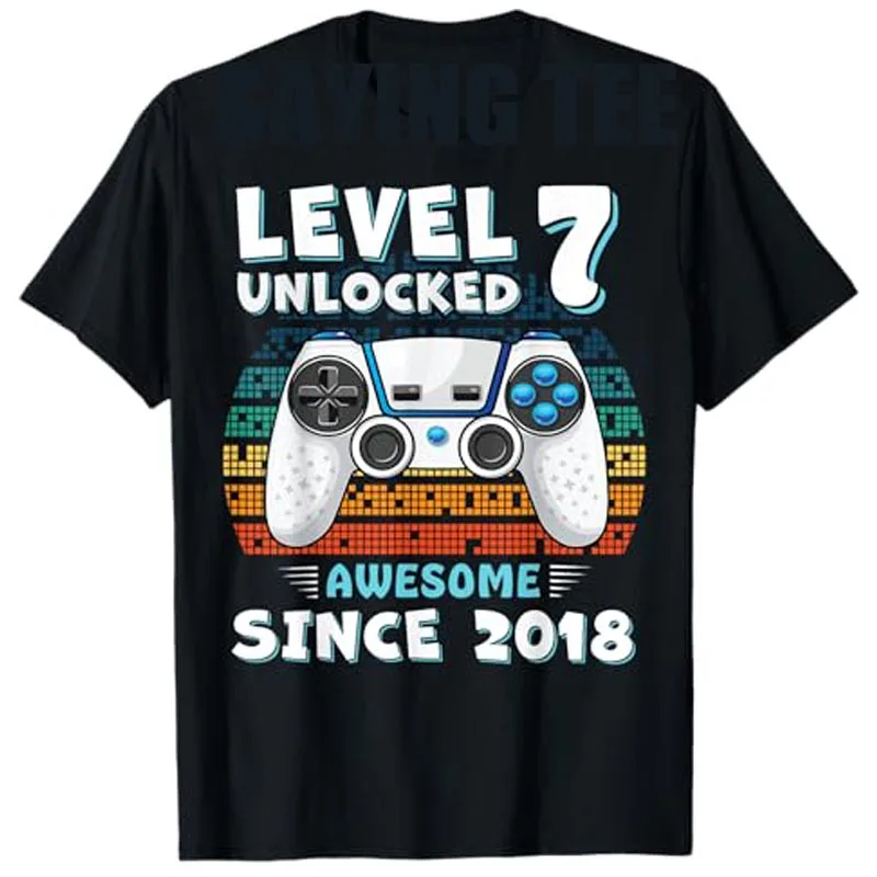 

7 Year Old BDay Decorations Son Boy Level 7 Unlocked Since 2018 7th Birthday T-Shirt Fashion Video Gamer Saying Tee Novelty Gift