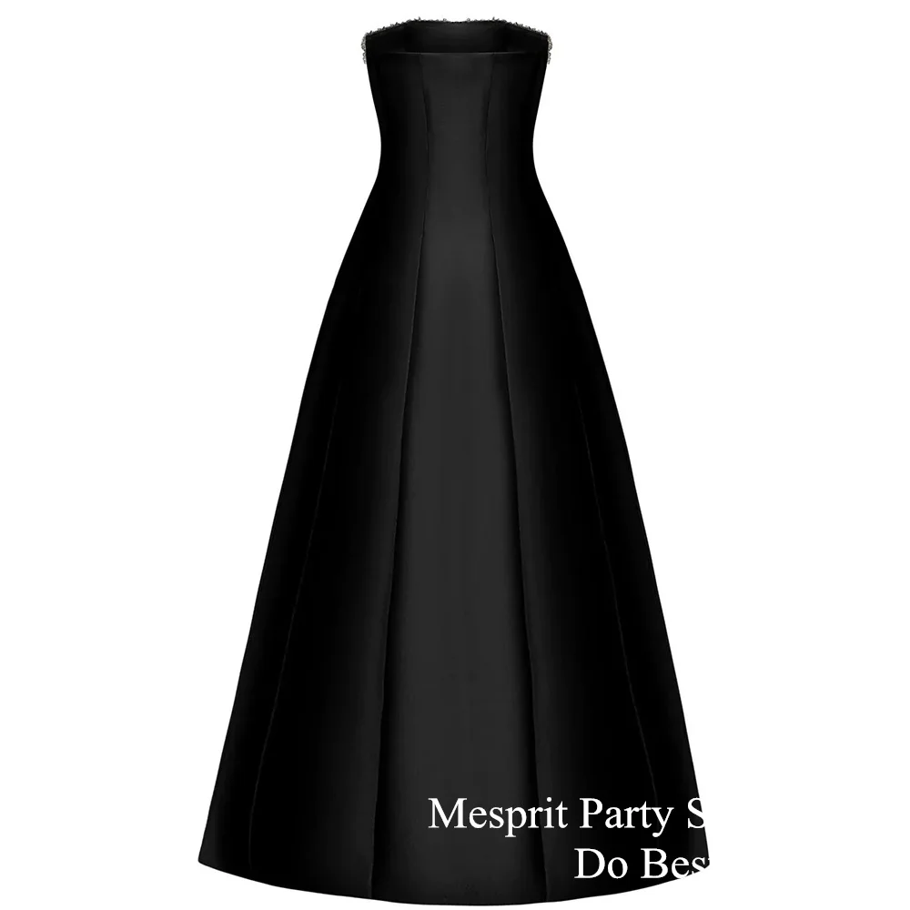 Sexy Black Prom Dress Crystals Strapless Sleeveless A Line Satin Evening Dresses with Pockets Ankle Length Cocktail Party Gown