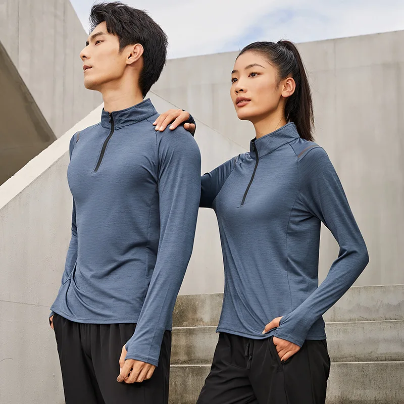 Outdoor Rash Guard Men Women Sports T-shirts Solid Color Long Sleeve Half Zipper Dry Fit Couple Gym Fitness Running Tee Tops