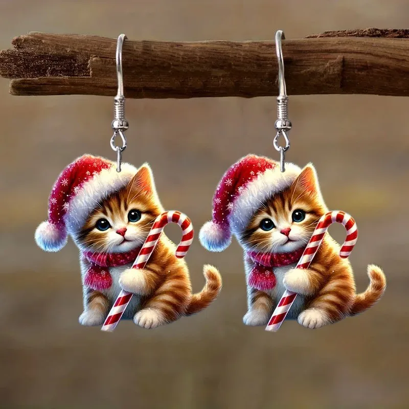 2D acrylic kitten earrings wearing a Christmas hat, especially suitable for Christmas and the perfect gift for cat lovers