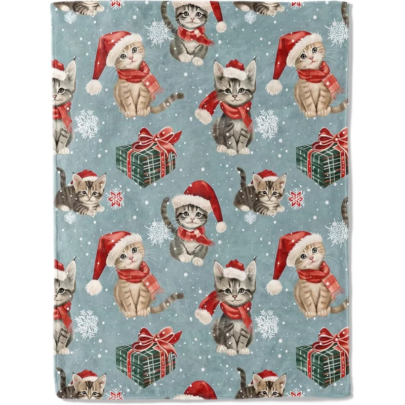 Christmas Cat Blanket - Super Soft, Adorable Holiday Kitten, Santa Hat, Snowflakes, Suitable for Sofa Bedroom, Kids Gift