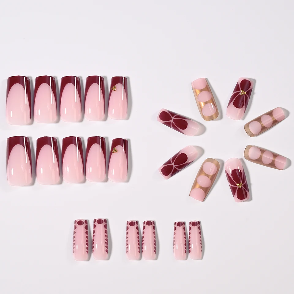 Set de 24 uñas postizas francesas largas con diseño floral retro, cuentas de caviar, dorado y calado, estilo Y2K 5