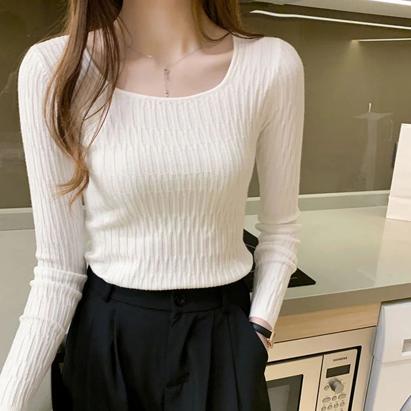 HELIAR Women Square Collar Solid Bottoming Sweater Long Sleeve Slim Knit Pullovers Casual Office Sweater Women 2024 Fall Winter