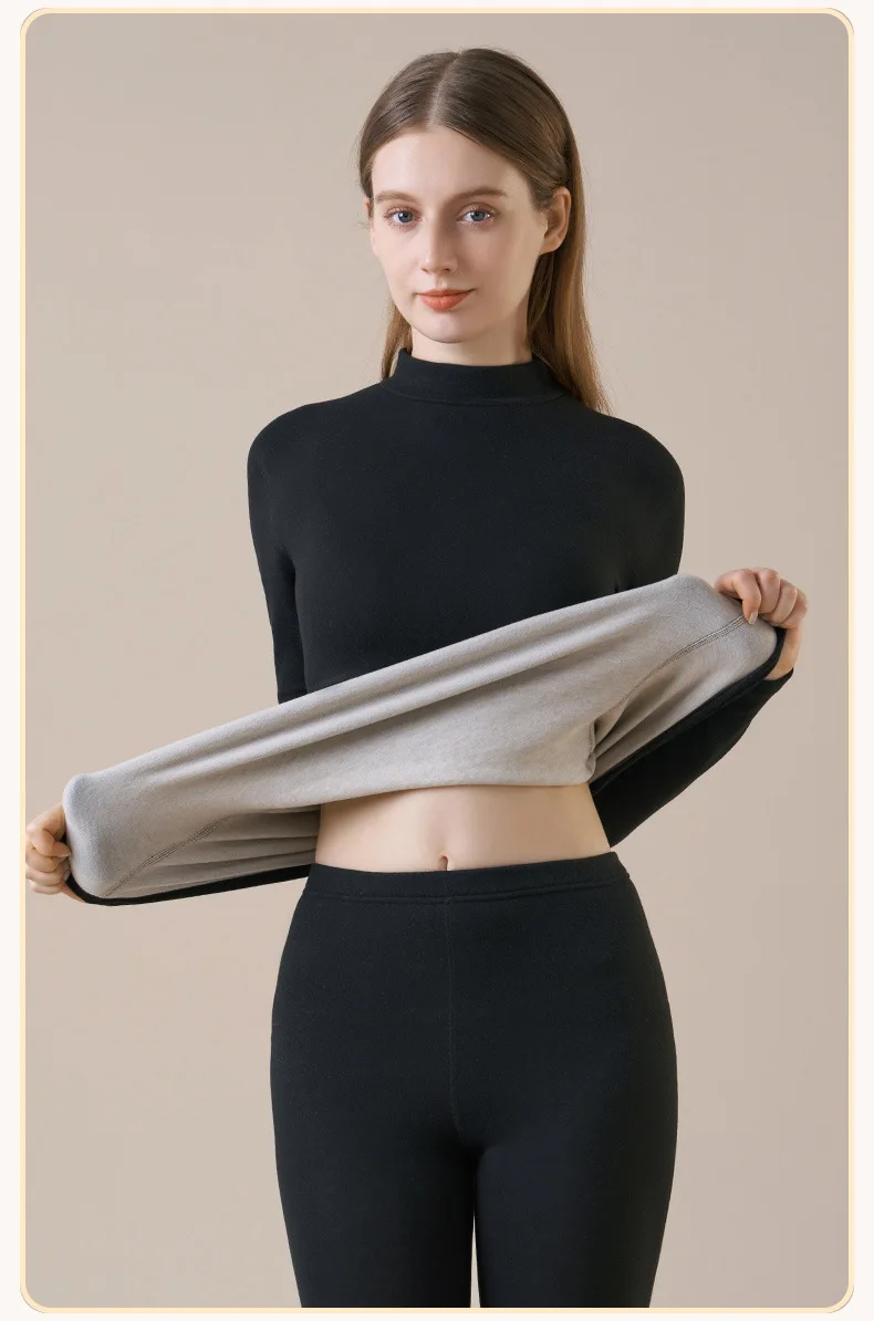 Damen-Thermo-Unterwäsche aus Kaschmirseide, Thermoshirts, warme Hosen, verdickte, einfarbige, halbrollkragenartige Oberteile, langärmlige Winterkleidung. – Detail 27