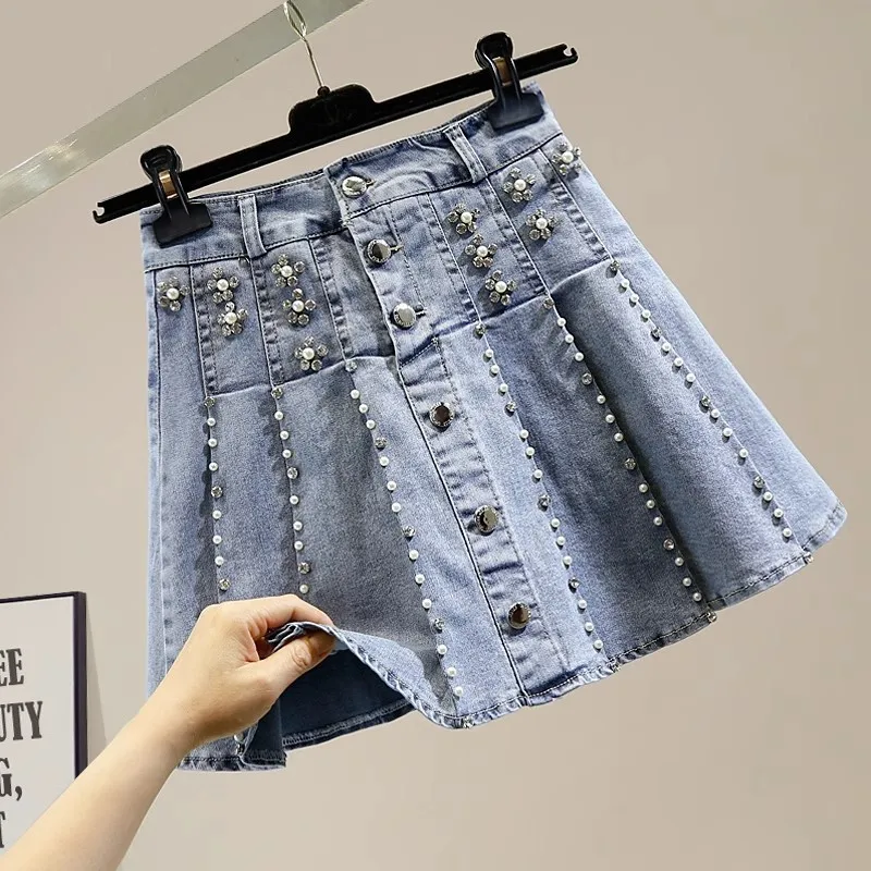 2024 Korean High Waisted Denim Pleated Skirt Women's Summer New Studded Diamond Single Breasted A-Line Elastic Slim Culotte