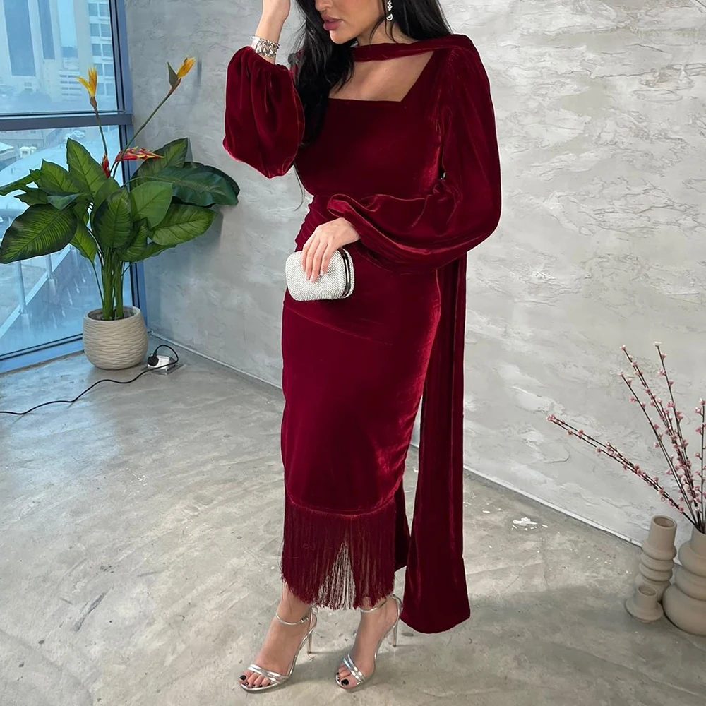 Saudi Arabia Velvet Evening Dress with Taseel Elegant Square Collar Long Sleeve Sheath Prom Dress with Ribbon Vestido De Festa