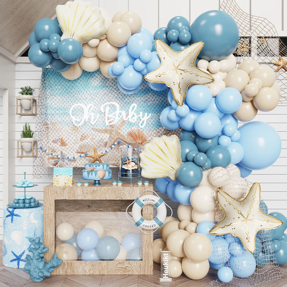 108Pcs Dusty Blue Sand White Under the Sea Balloon Arch Kit  Starfish Seashell Balloon Summer Ocean Beach Birthday Party Dec