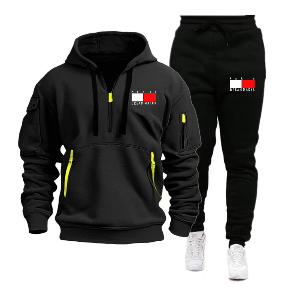 Men\'s Tracksuit Hooded Sweatshirt+Sweatpants 2 Pcs Sets Sports Suit Casual Jogger Sportswear 2 Piece Male Fleece Streetwear Sets