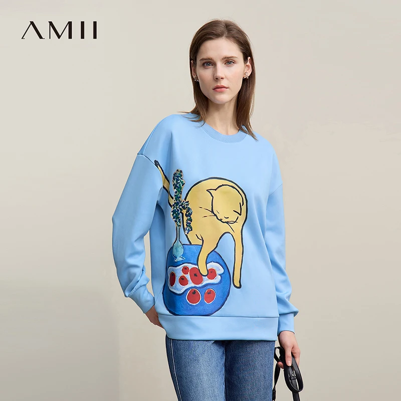 

Женский свитшот Amii 2026: Новинка весенней коллекции, повседневный свитер с круглым вырезом и спущенным плечом, свободный пуловер с мультяшным принтом, модель 12621086