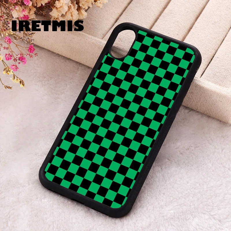 Iretmis Phone Cover Case For iPhone X XS Max XR 11 12 13 PRO MINI 14 15 16 Plus Rubber Green Black Checkered Checkerboard