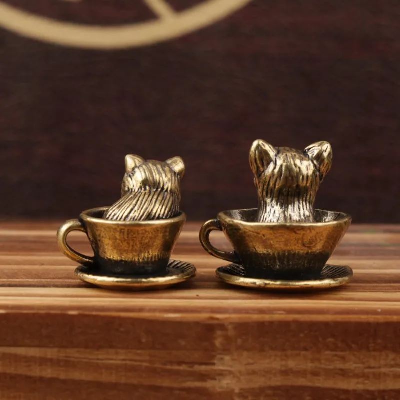 Teacup Cat and Puppy Figurines Vintage Brass Color Desktop Entryway Lucky Decor Ornaments for Micro Landscape Enthusiasts