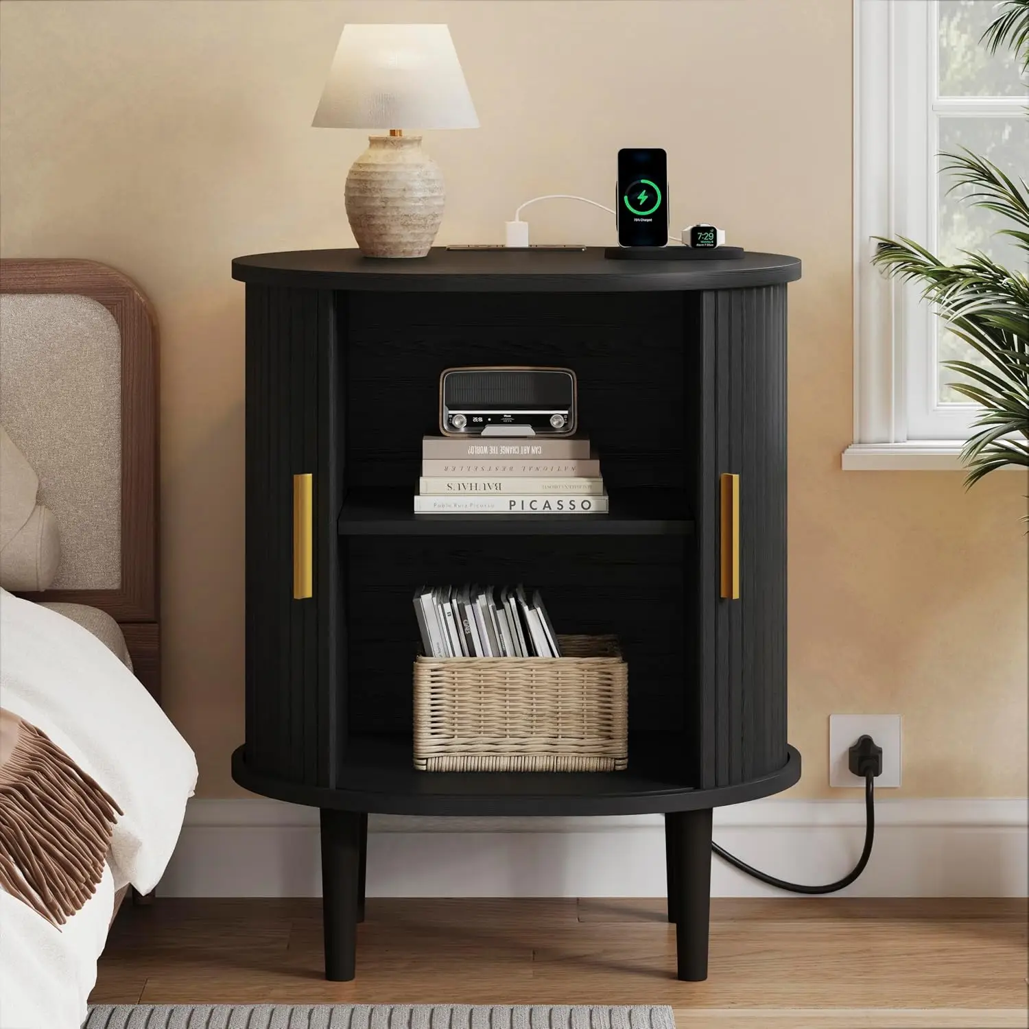 Mid Century Modern Nightstand with Charging Station