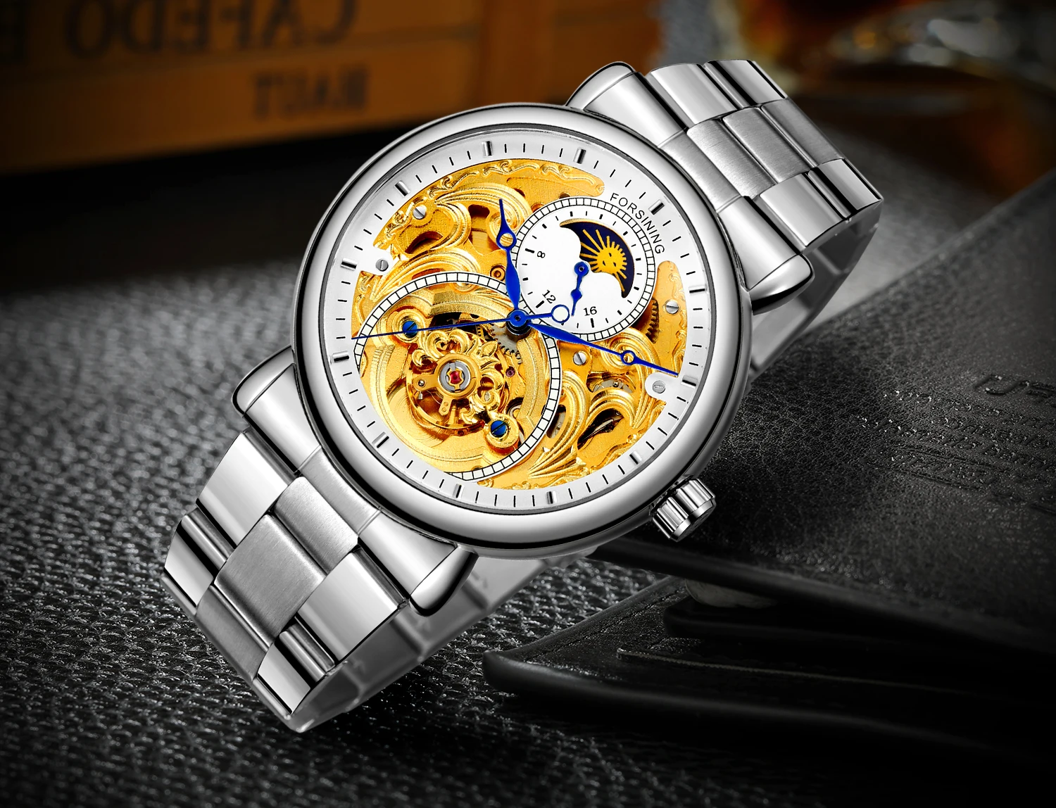 High Quality Luxury FORSINING Original Skeleton Moon Phase Mechanical Automatic Men\'s wristwatch Stainless Steel Dive Male Clock