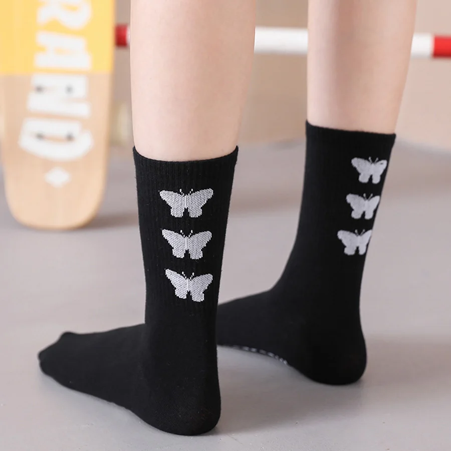 3 Pairs/Lot Cute Socks Women Black White Butterfly Colorful Long Cotton Casual Funny Cartoon Middle Tube Sock Girls Gift