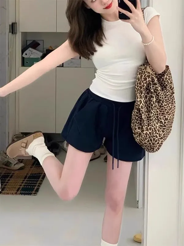 High Waist Drawstring Sports Shorts Women's Loose Wide Leg Pants Slimming Casual Three-quarter Length Hot Pants