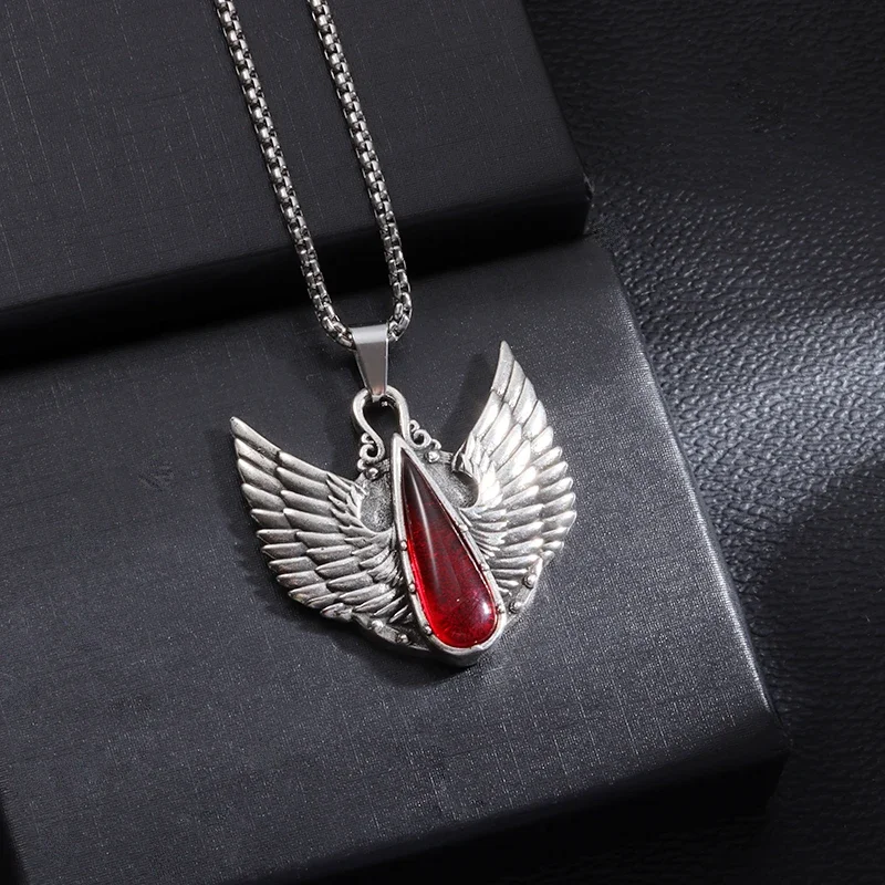 Vintage Celtic Angel Wings Synthetic Ruby Pendant Stainless Steel Necklace for Men Women Fashion Party Punk Jewelry