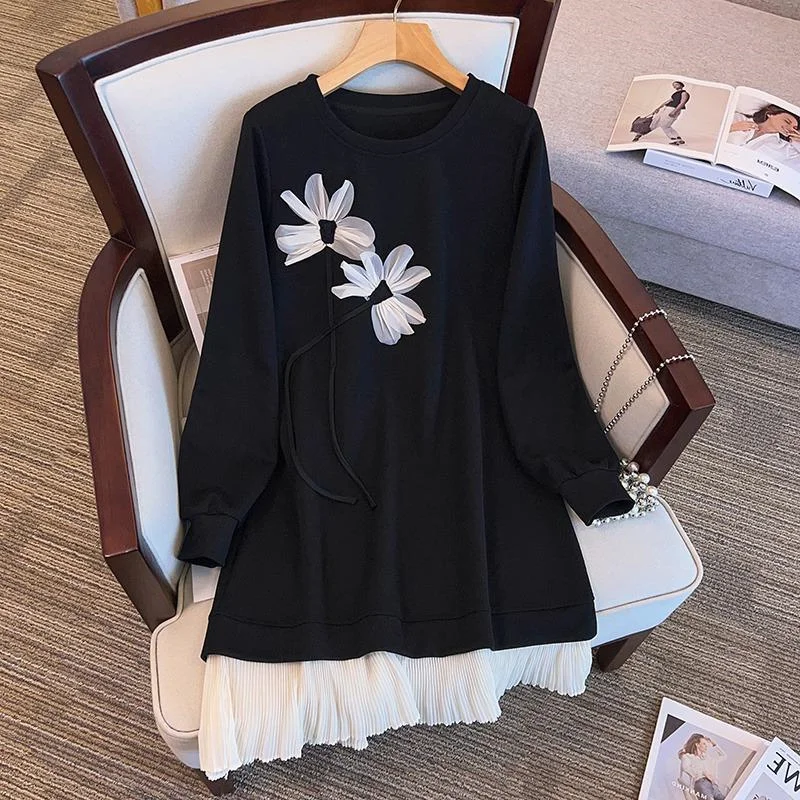 

plus Size Casual Long Sleeve Dress Women's Spring Autumn Loose Fit Splice A-Line Dress Comfortable Korean Style round Neck