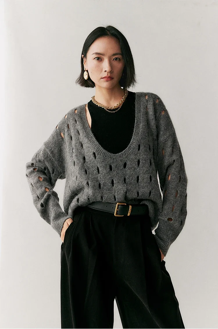 

French Big U-Neck Hollow Sweater Lazy Beautiful Style Fixed Spinning Wool Cashmere Fancy Yarn Vest for Women