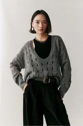 French Big U-Neck Hollow Sweater Lazy Beautiful Style Fixed Spinning Wool Cashmere Fancy Yarn Vest for Women