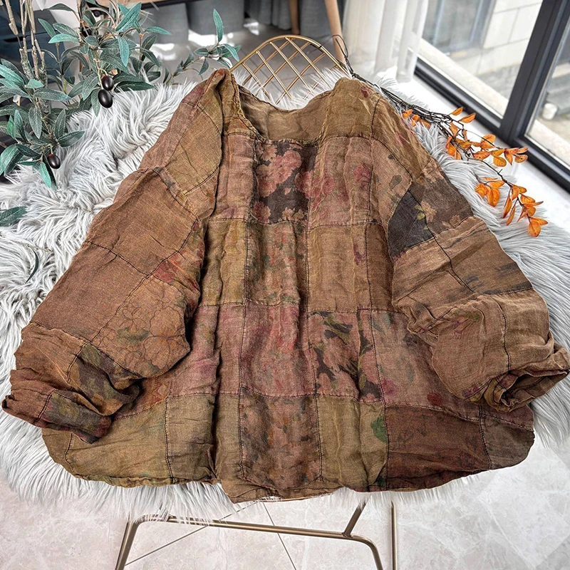 100% Linnen Vrouwen Casual Blouse Shirt Nieuwe 2025 Herfst Vintage Stijl O-hals Bloemenprint Losse Vrouwelijke Lange Mouw Truien M2191