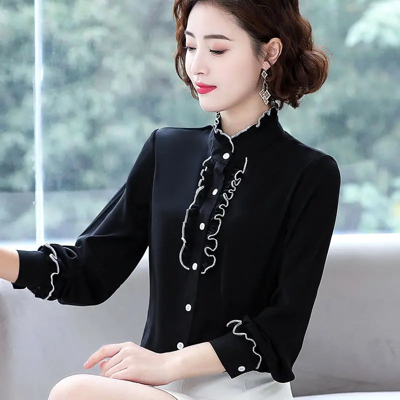 

Office Lady Pleated Blouse Spring Autumn New Long Sleeve Solid Color Slim Elegant Shirt Tops Fashion Vintage Women Clothing