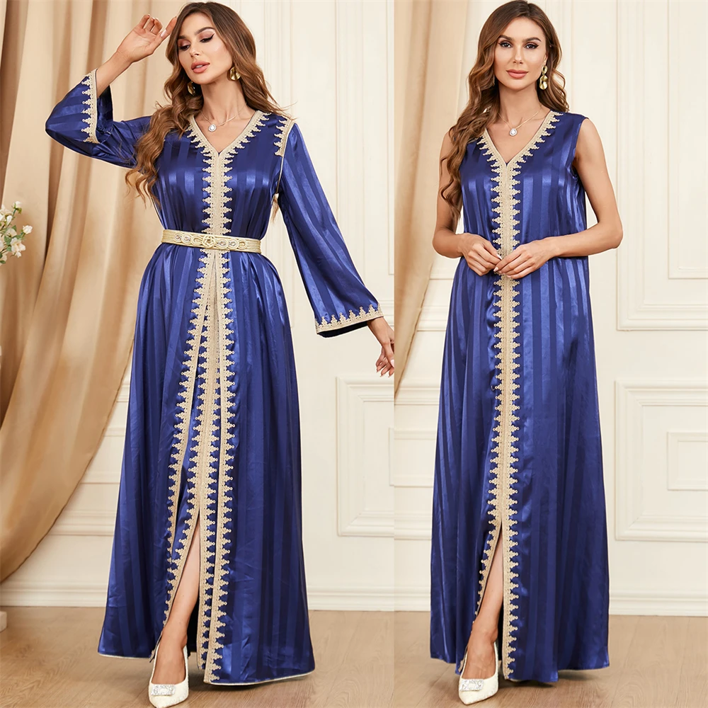 

Two Pieces Abaya Set Women Vest Long Dress with Outerwear Abaya Satin Stripe Muslim Moroccan Caftan Arabic Oman Dubai Jalabiya