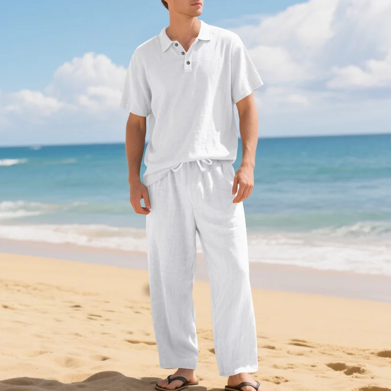

Трансграничный летний и осенний льняной костюм, мужской свободный и дышащий повседневный брючный костюм с лацканами и короткими рукавами