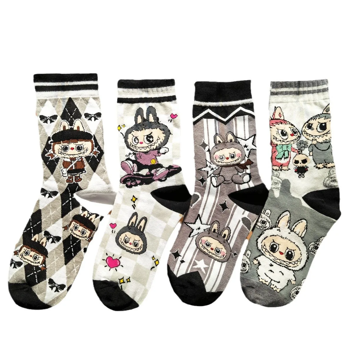 Nouveau 4 paires de chaussettes Labubu femme haute qualité automne et hiver dessin animé coton peigné mi-mollet chaussettes pour hommes et femmes taille moyenne