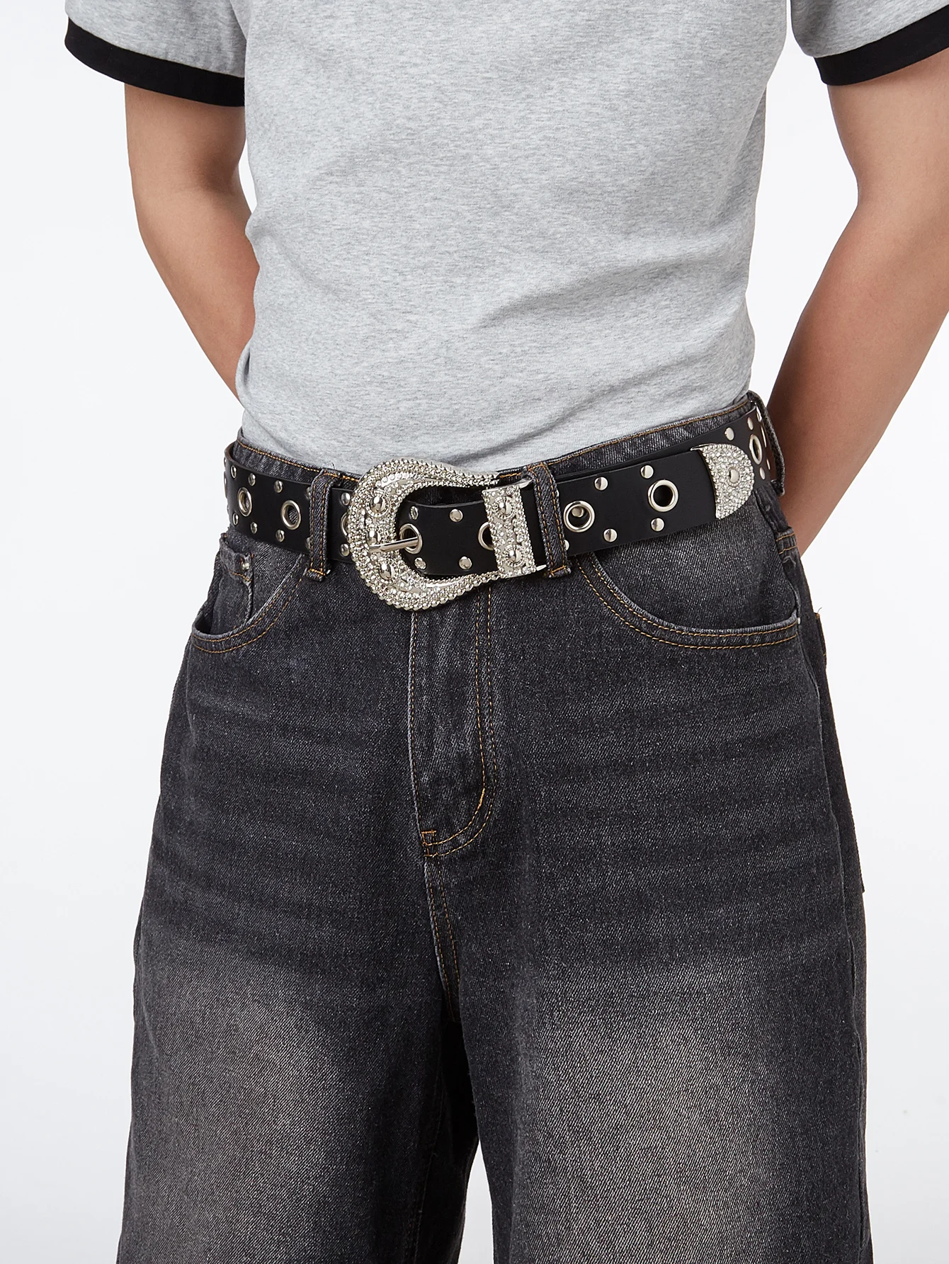 1pc Men's Western Style Distressed Texture Rhinestone & Pearl Embellished Hollow Buckle Denim Belt, Summer Casual Accessory