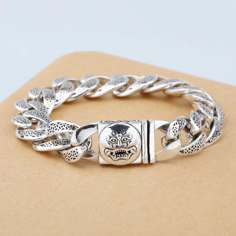 S925 Silver Locomotive Latch Men Bracelet Woven 18/20/22CM Cuban Chain Retro Style Grimace Bracelet Friend Friendship Party Gift