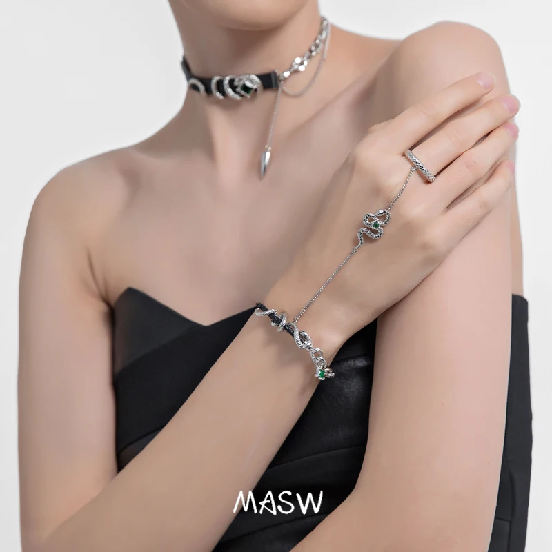 MASW Modern Set Jewelry Snake Bracelet With Ring Hot Sale Cool Style Original Design Black PU Bracelet Finger For Womne Female