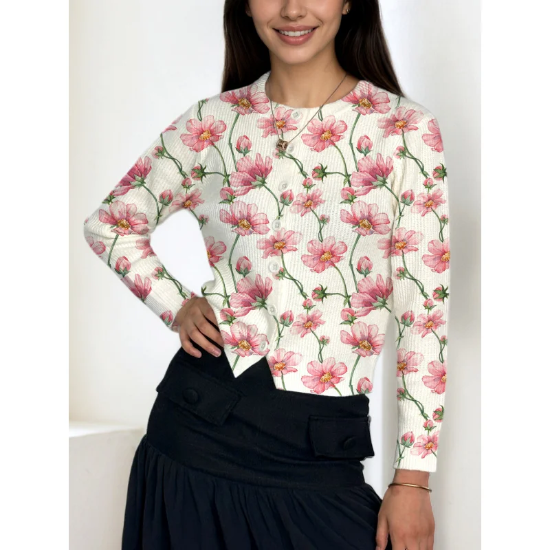 

Vacation Fashion Casual Elegant Floral Print Girl Sweater Knit Cardigan Warm Loose Crew Neck Long Sleeve Button Autumn Winter